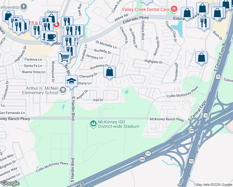 map of restaurants, bars, coffee shops, grocery stores, and more near 3406 Telluride Drive in McKinney