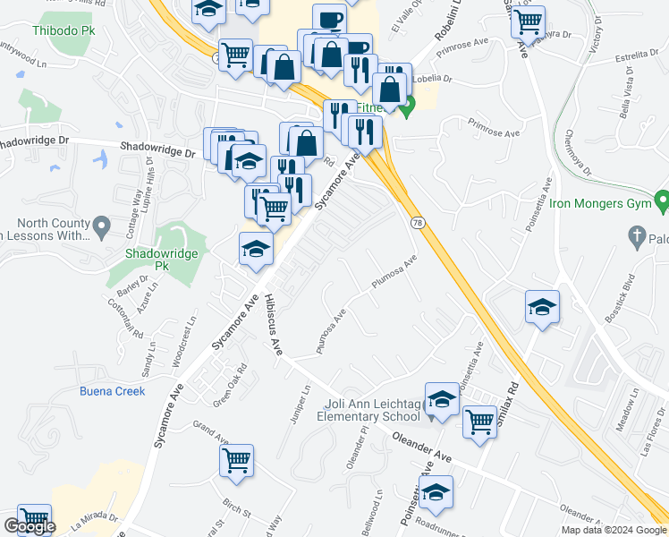 map of restaurants, bars, coffee shops, grocery stores, and more near 2451 Melissa Court in Vista