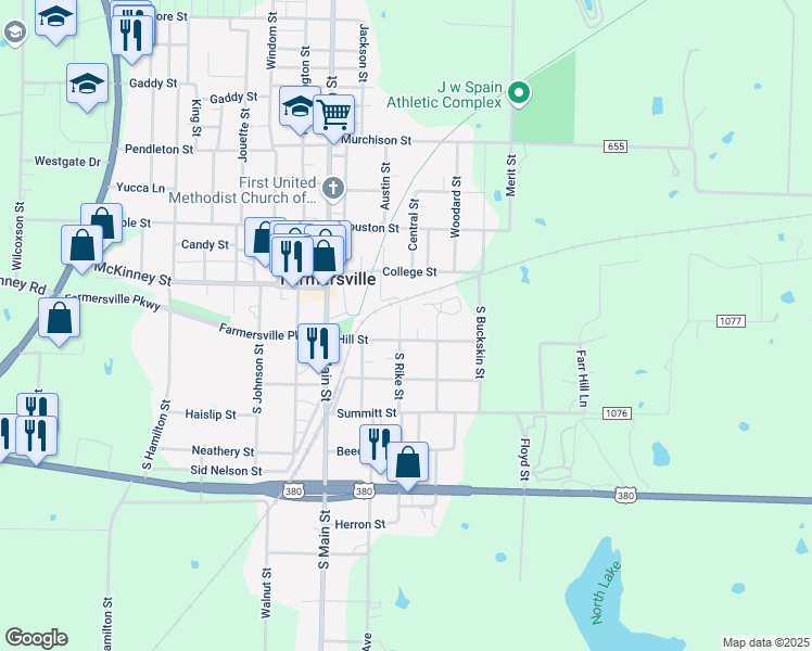 map of restaurants, bars, coffee shops, grocery stores, and more near 125 South Rike Street in Farmersville