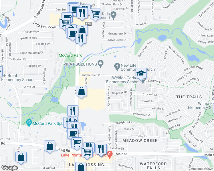 map of restaurants, bars, coffee shops, grocery stores, and more near 10095 Planters Row Drive in Frisco