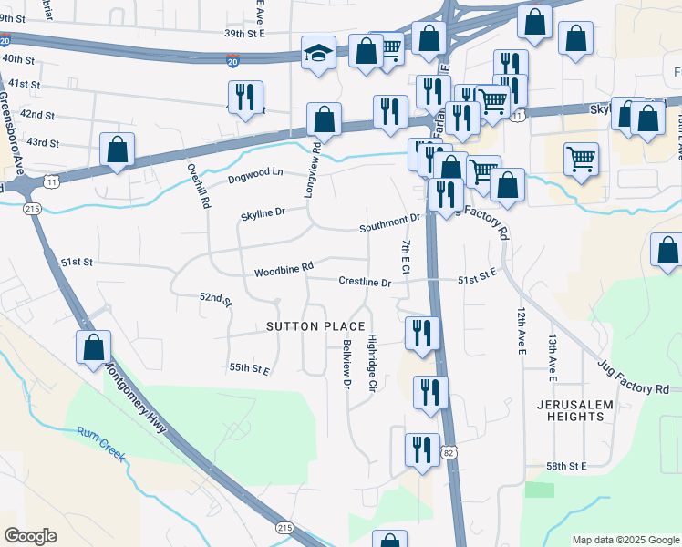 map of restaurants, bars, coffee shops, grocery stores, and more near 8 Crestline Drive in Tuscaloosa