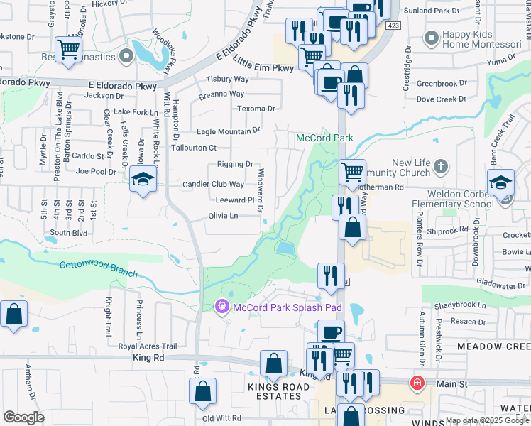 map of restaurants, bars, coffee shops, grocery stores, and more near 613 Windward Drive in Little Elm