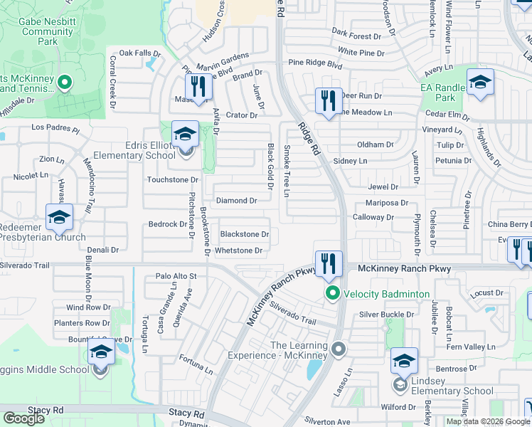 map of restaurants, bars, coffee shops, grocery stores, and more near 6204 Flagstone Drive in McKinney