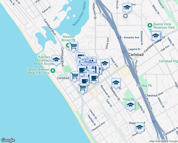 map of restaurants, bars, coffee shops, grocery stores, and more near 2785 Roosevelt Street in Carlsbad