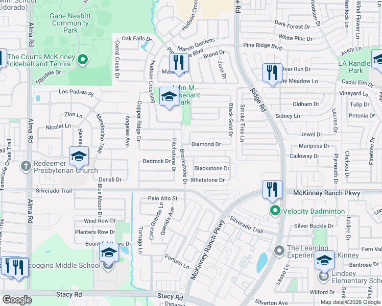 map of restaurants, bars, coffee shops, grocery stores, and more near 6404 Flagstone Drive in McKinney