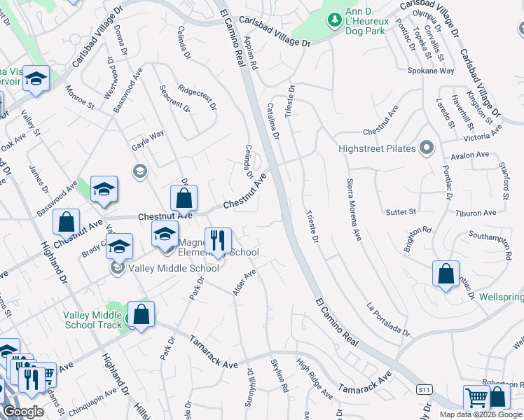 map of restaurants, bars, coffee shops, grocery stores, and more near 2256 Cameo Road in Carlsbad