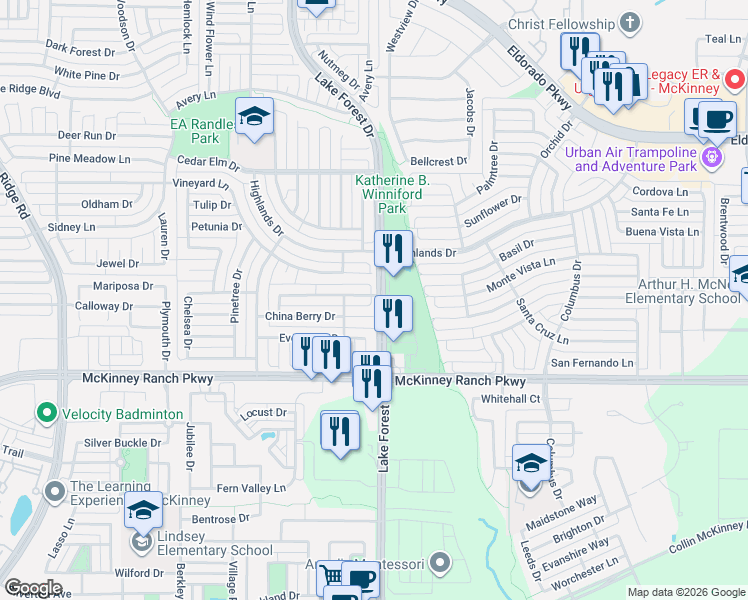 map of restaurants, bars, coffee shops, grocery stores, and more near 5001 Boxwood Lane in McKinney