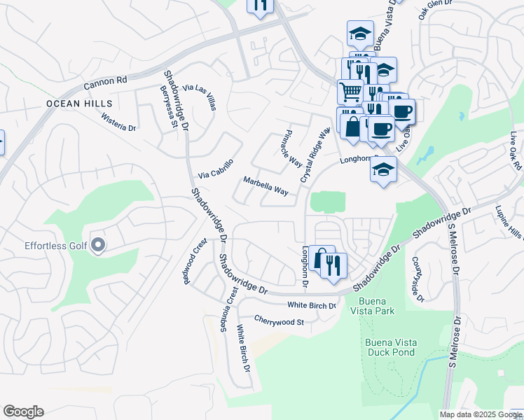 map of restaurants, bars, coffee shops, grocery stores, and more near 1841 Paseo Del Lago Drive in Vista