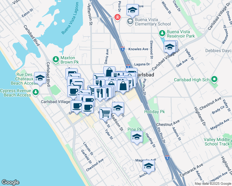 map of restaurants, bars, coffee shops, grocery stores, and more near 880 Carlsbad Village Drive in Carlsbad
