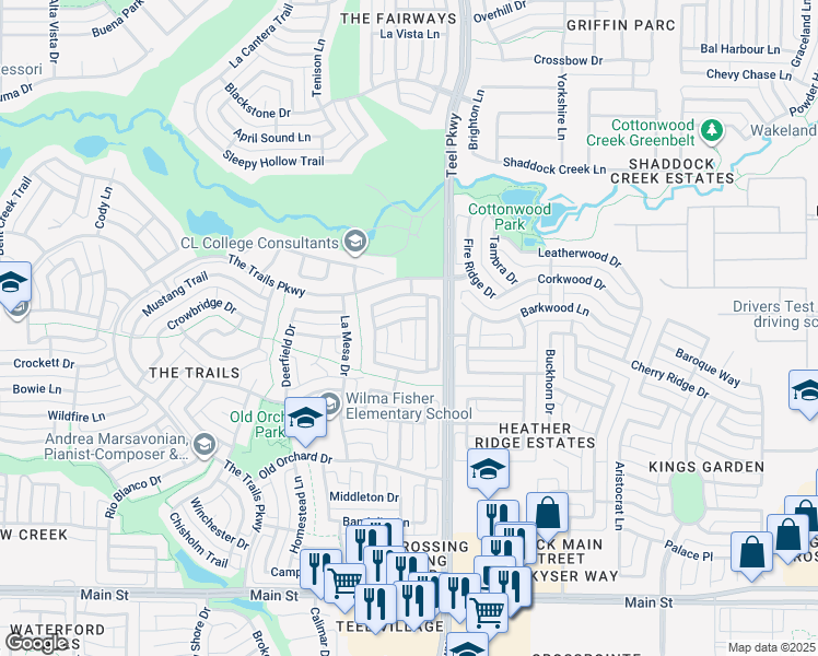 map of restaurants, bars, coffee shops, grocery stores, and more near 10084 Cross Bend Circle in Frisco