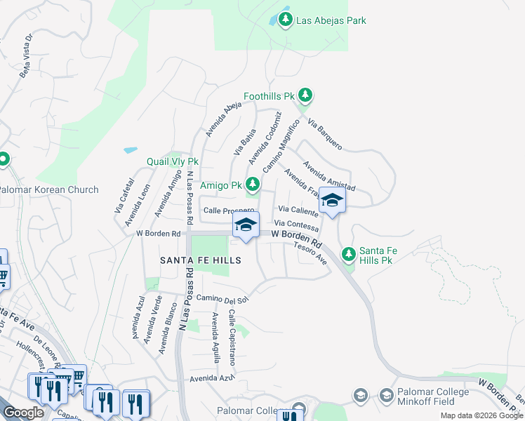 map of restaurants, bars, coffee shops, grocery stores, and more near 719 Camino Magnifico in San Marcos