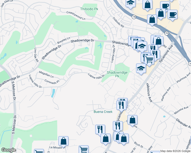 map of restaurants, bars, coffee shops, grocery stores, and more near 2318 Cobblestone Ln in Vista