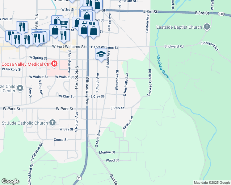 map of restaurants, bars, coffee shops, grocery stores, and more near 214 Blackmon Street in Sylacauga