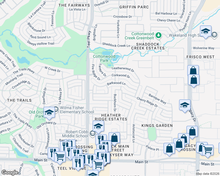 map of restaurants, bars, coffee shops, grocery stores, and more near 9982 Madrone Drive in Frisco