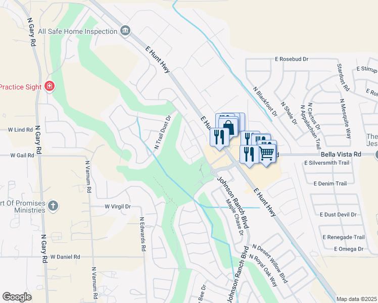 map of restaurants, bars, coffee shops, grocery stores, and more near 17 E Mayfield Dr in Queen Creek