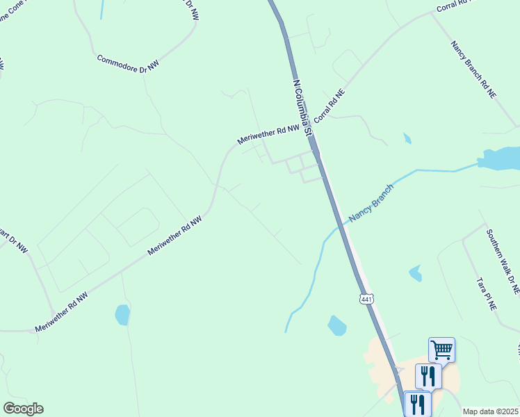 map of restaurants, bars, coffee shops, grocery stores, and more near 129 Red Oak Trail in Milledgeville