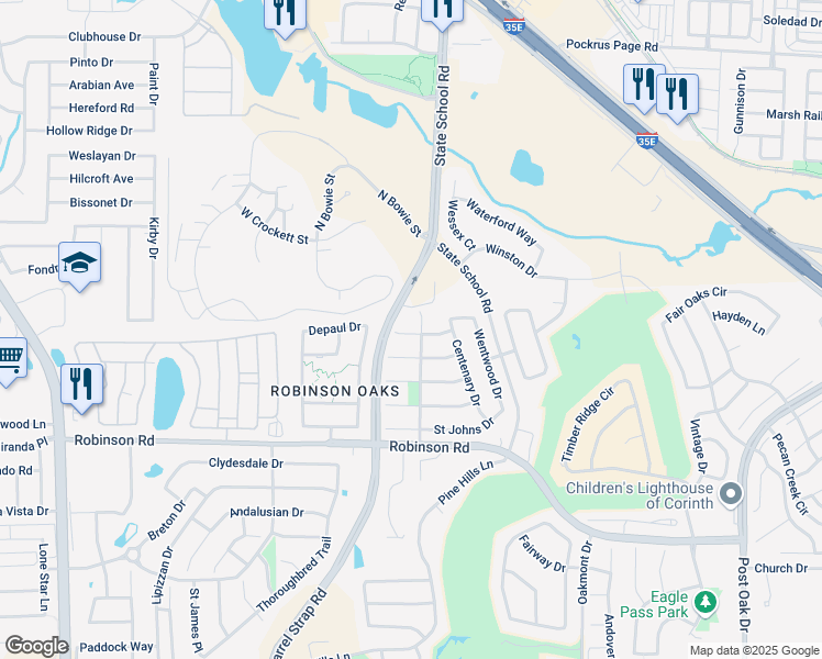 map of restaurants, bars, coffee shops, grocery stores, and more near 3513 Yale Dr in Denton