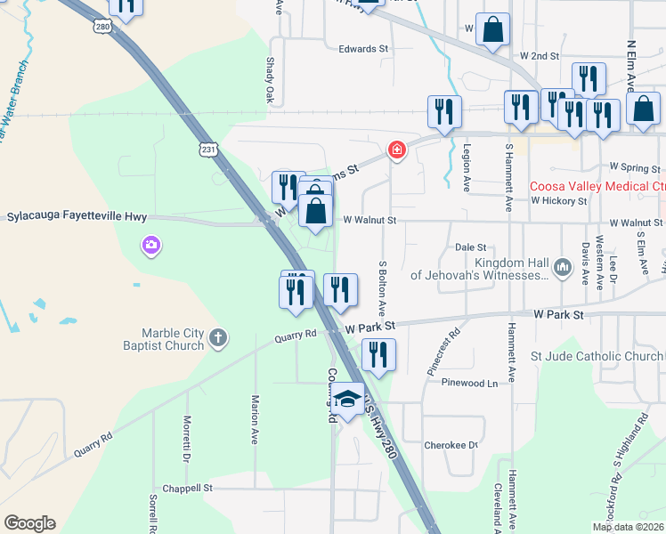 map of restaurants, bars, coffee shops, grocery stores, and more near 278 Coaling Road in Sylacauga