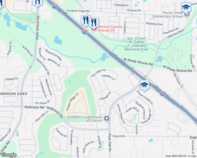 map of restaurants, bars, coffee shops, grocery stores, and more near 2014 Hayden Lane in Corinth