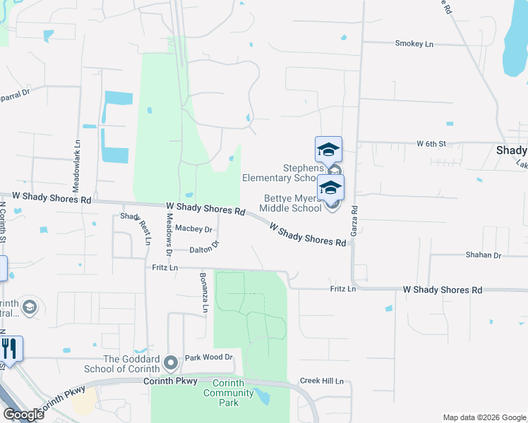 map of restaurants, bars, coffee shops, grocery stores, and more near 424 West Shady Shores Road in Shady Shores