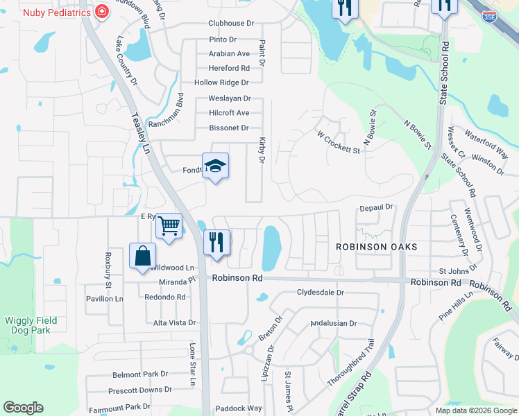 map of restaurants, bars, coffee shops, grocery stores, and more near 2812 Memorial Drive in Denton