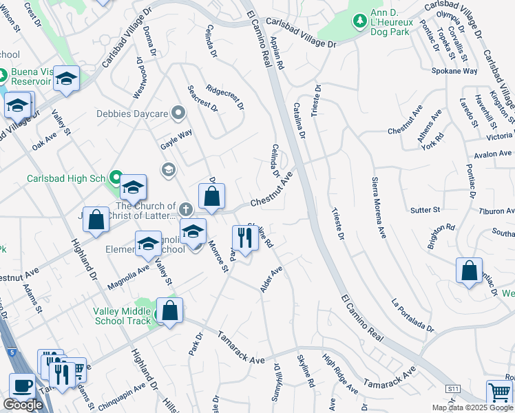 map of restaurants, bars, coffee shops, grocery stores, and more near 2203 Cameo Road in Carlsbad