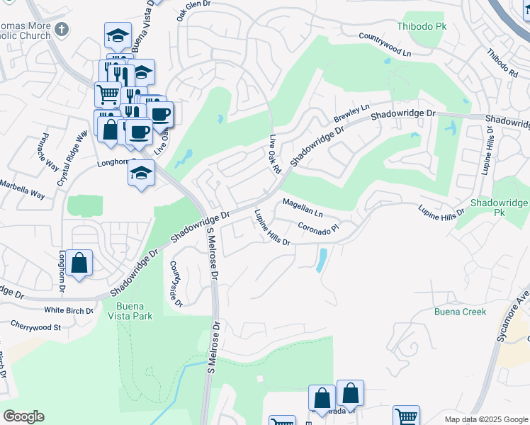map of restaurants, bars, coffee shops, grocery stores, and more near 2692 Magellan Lane in Vista