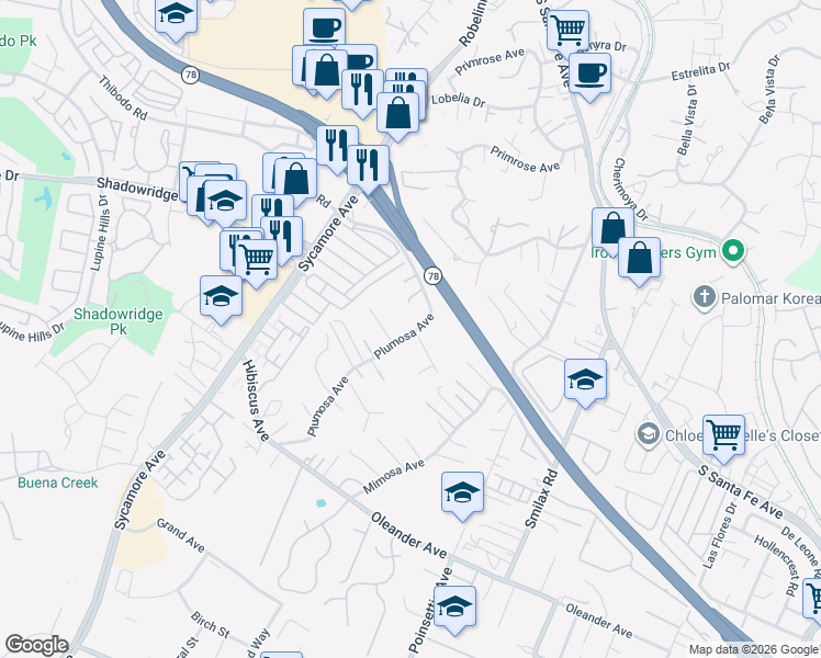 map of restaurants, bars, coffee shops, grocery stores, and more near 555 Plumosa Avenue in Vista