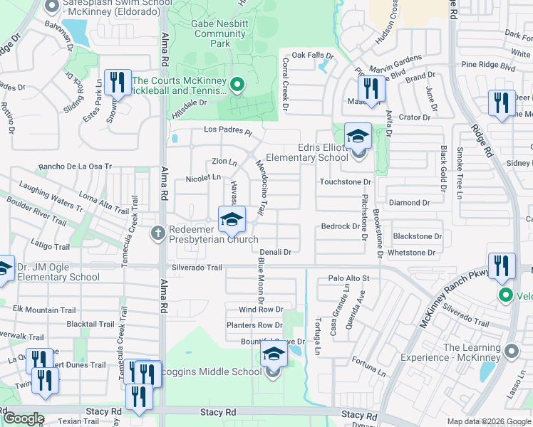 map of restaurants, bars, coffee shops, grocery stores, and more near 6913 Helena Way in McKinney