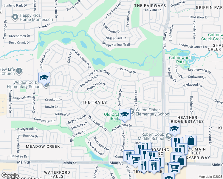 map of restaurants, bars, coffee shops, grocery stores, and more near 2257 Crowbridge Dr in Frisco