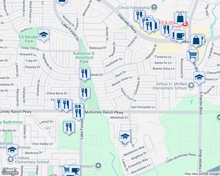 map of restaurants, bars, coffee shops, grocery stores, and more near 4825 Monte Vista Lane in McKinney