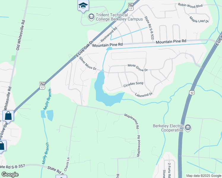 map of restaurants, bars, coffee shops, grocery stores, and more near 346 Cicadas Song Drive in Moncks Corner