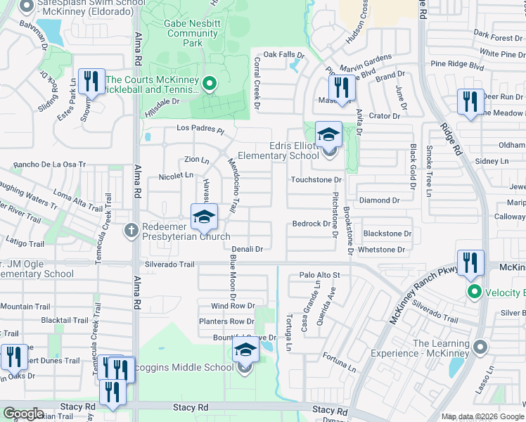 map of restaurants, bars, coffee shops, grocery stores, and more near 6813 Helena Way in McKinney