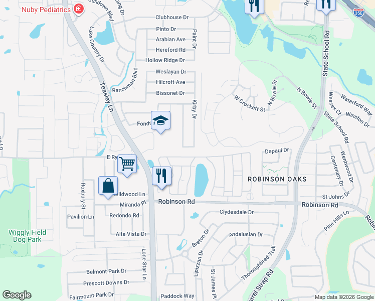 map of restaurants, bars, coffee shops, grocery stores, and more near 2812 Memorial Drive in Denton