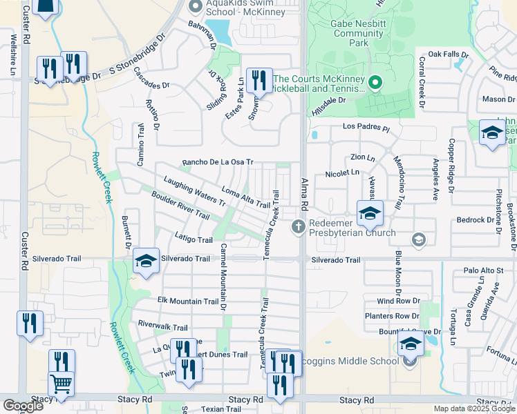 map of restaurants, bars, coffee shops, grocery stores, and more near 7801 Loma Alta Trail in McKinney