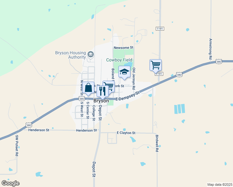 map of restaurants, bars, coffee shops, grocery stores, and more near 103 McCloud Street in Bryson