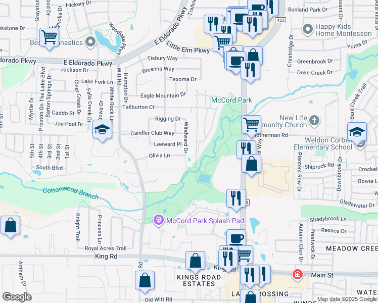 map of restaurants, bars, coffee shops, grocery stores, and more near 613 Windward Drive in Little Elm