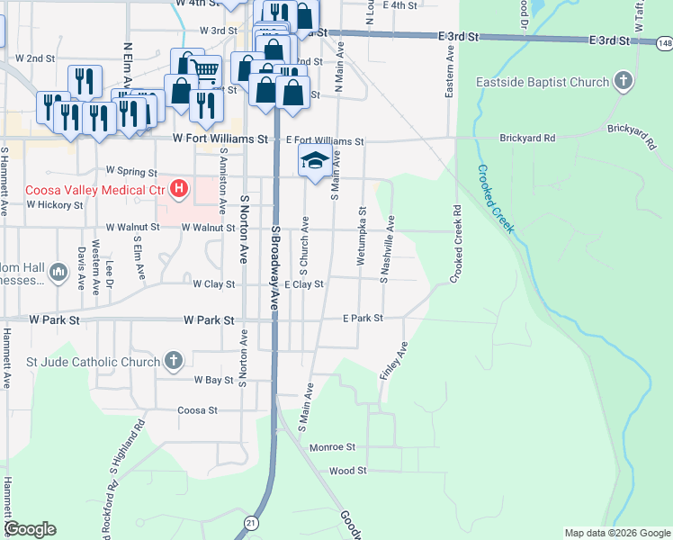 map of restaurants, bars, coffee shops, grocery stores, and more near 216 South Main Avenue in Sylacauga