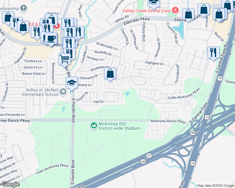 map of restaurants, bars, coffee shops, grocery stores, and more near 3406 Telluride Drive in McKinney