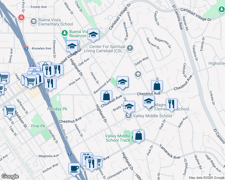 map of restaurants, bars, coffee shops, grocery stores, and more near 3455 Valley Street in Carlsbad