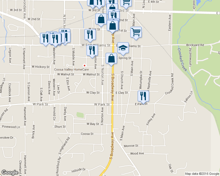 map of restaurants, bars, coffee shops, grocery stores, and more near 215 South Broadway Avenue in Sylacauga