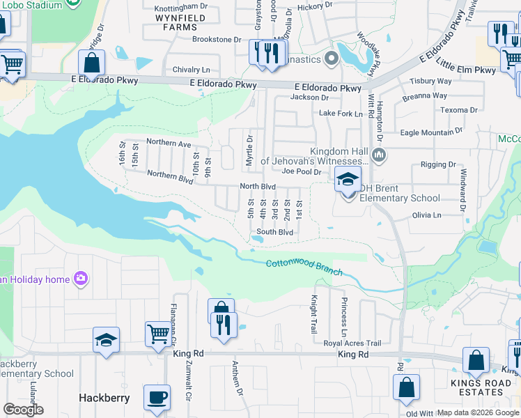 map of restaurants, bars, coffee shops, grocery stores, and more near 181 3rd Street in Little Elm