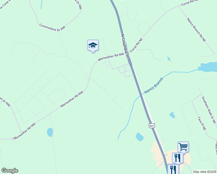 map of restaurants, bars, coffee shops, grocery stores, and more near 129 Red Oak Trail in Milledgeville