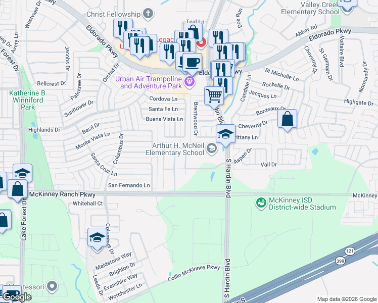 map of restaurants, bars, coffee shops, grocery stores, and more near 3605 McClintick Road in McKinney