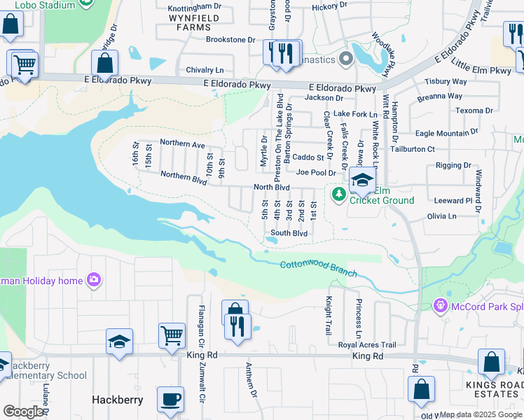 map of restaurants, bars, coffee shops, grocery stores, and more near 105 5th Street in Little Elm