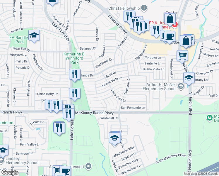 map of restaurants, bars, coffee shops, grocery stores, and more near 4800 Spanish Moss Drive in McKinney