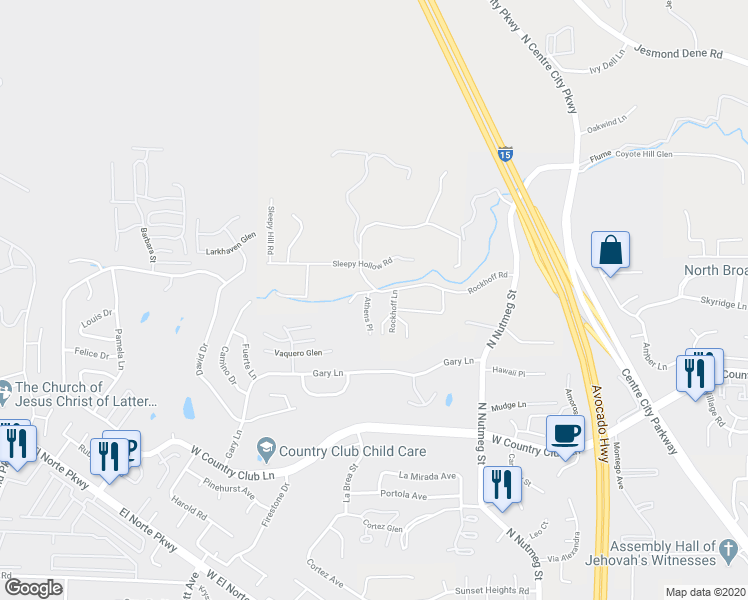 map of restaurants, bars, coffee shops, grocery stores, and more near 1390 Athens Place in Escondido