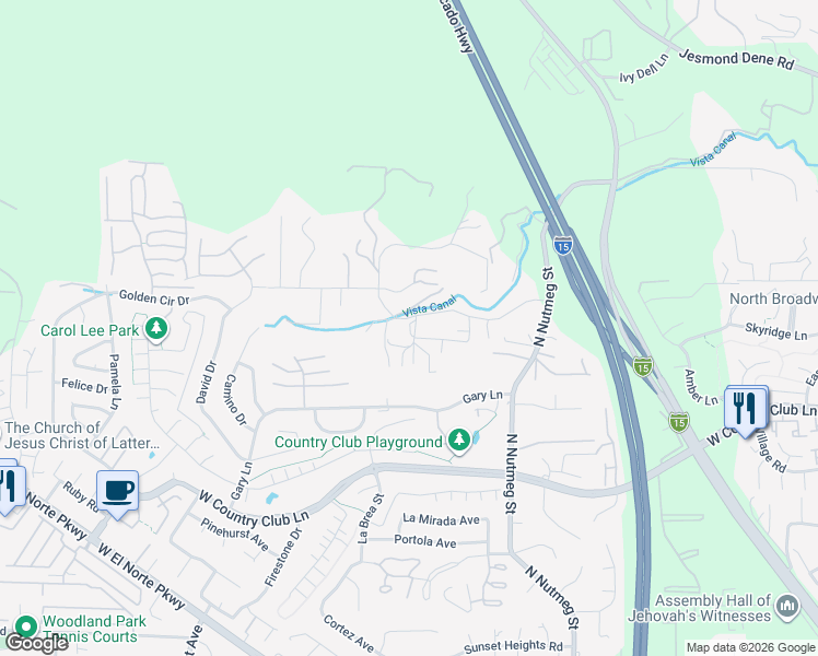 map of restaurants, bars, coffee shops, grocery stores, and more near 1390 Athens Place in Escondido