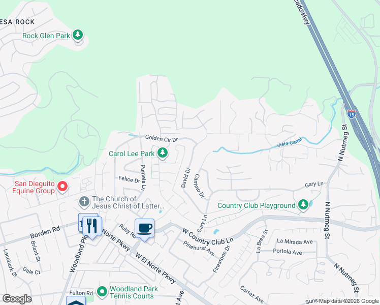 map of restaurants, bars, coffee shops, grocery stores, and more near 2011 David Drive in Escondido