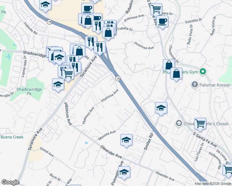 map of restaurants, bars, coffee shops, grocery stores, and more near 555 Plumosa Avenue in Vista